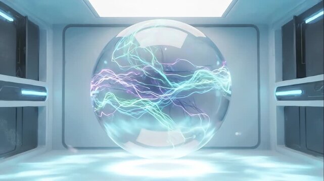 A futuristic egg-shaped capsule with glowing energy floating in a sci-fi chamber. Animation of a transparent pod with pulsing electrical plasma. Advanced technology and creation concept