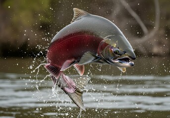Majestic salmon leaps from the water in a vibrant display of power and determination, perfect for nature documentaries or outdoor adventure campaigns
