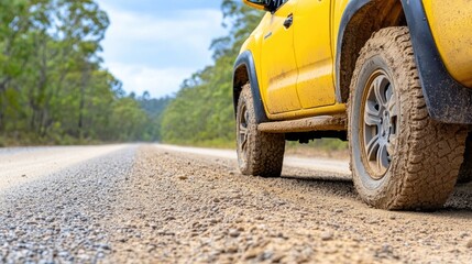 A yellow pickup truck navigates a dusty rural road beneath a bright sun, surrounded by lush greenery and textured dirt