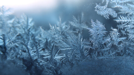 Winter's Icy Embrace: intricate ice crystals adorn a windowpane, a delicate dance of nature's artistry captured in the cold.