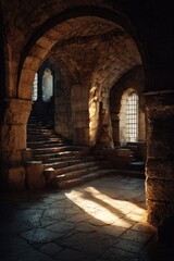 Obraz premium Ancient stone archway and staircase interior illuminated by sunlight