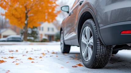 A sleek gray luxury SUV sits gracefully in a serene suburban neighborhood under midday light, showcasing intricate details and textures