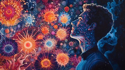 Abstract art depicting a human profile with colorful organic shapes. The shapes evoke microscopic organisms or cells. The image conveys a sense of biological exploration and introspection.