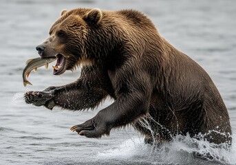 Powerful brown bear leaping from the river, catching fresh fish for dinner in Alaska, showcasing raw nature and animal instinct in the wild