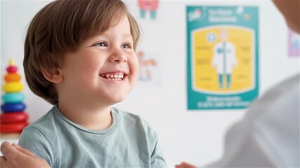 Happy Caucasian toddler boy smiling during pediatric checkup with female doctor in colorful medical office with educational posters and toys - Powered by Adobe