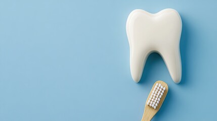 Creative dental health concept featuring a tooth shape made from toothpaste next to a bamboo toothbrush on a blue backdrop