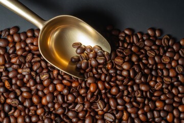 Rich brown roasted coffee beans and a golden metal scoop for a morning brew.