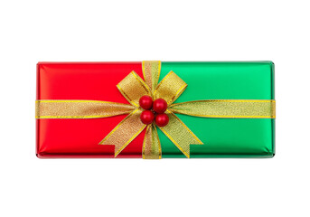 Elegant Red and Green Holiday Gift with Gold Ribbon and Berries Isolated on White Background