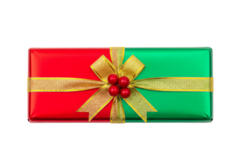 Elegant Red and Green Holiday Gift with Gold Ribbon and Berries Isolated on White Background