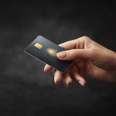Woman hand holding premium black credit card for secure payment transaction. financial concept of purchase on dark background