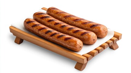 Delectable grilled sausages served on a wooden board, perfect for a satisfying lunch or dinner in a vibrant restaurant setting