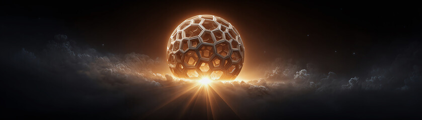 Epic mysterious glowing celestial megastructure harvesting energy in dark cosmic space. powerful honeycomb orb shines bright cinematic light