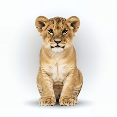 Adorable lion cub portrait in bright studio setting, captivating and charming animal imagery, perfect for children's books or wildlife conservation campaigns