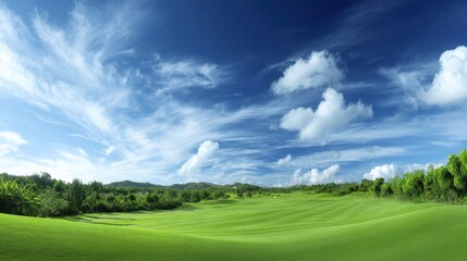 Fototapeta premium Scenic green golf course landscape under a bright blue sky with fluffy white clouds and lush green trees in the background showcasing nature's beauty