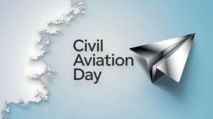 International civil aviation day: metallic paper plane flying on blue gradient sky