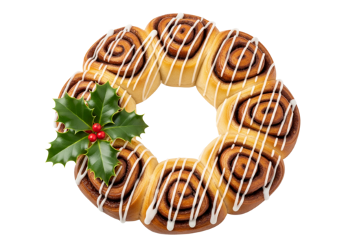 Festive Cinnamon Roll Wreath with Icing and Holly Berries for Christmas Holidays, Isolated on White Background