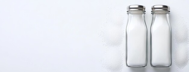 Elegant glass salt and pepper shakers on a pristine white background, perfect for culinary creativity in any kitchen setting