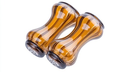 A captivating dance of glass salt and pepper shakers against a pristine white background highlighting their graceful curves and reflective surfaces