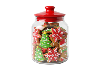 Festive Christmas Cookie Jar: Delicious Assorted Holiday Treats in Glass Container with Red Lid, Isolated on White Background