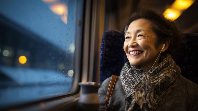 女性が雪の夜に特急で里帰りしながら写真を見返す、温かな車内の光