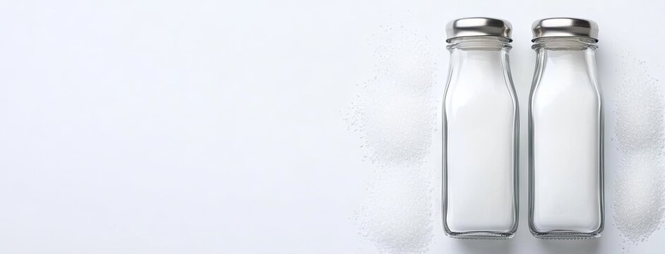 Elegant glass salt and pepper shakers on a pristine white background, perfect for culinary creativity in any kitchen setting