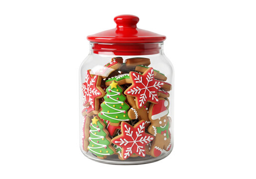 Festive Christmas Cookie Jar: Delicious Assorted Holiday Treats in Glass Container with Red Lid, Isolated on White Background