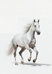 Obraz premium Elegant white Arabian horse gallops gracefully across a pristine background, conveying freedom and power, perfect for equestrian lifestyle or branding.