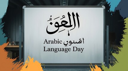 Arabic language day celebration on whiteboard with colorful cultural background