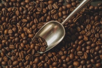 Roasted coffee beans and a metal scoop ready for brewing a delicious beverage