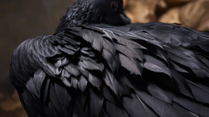 Capturing a delicate moment where a black feather pigeon showcases its sleek feathers, highlighting the intricate textures and patterns that nature creates. This close-up brings a sense of wonder