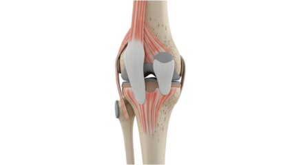 Anatomical illustration of a knee joint showing ligaments tendons and bones in a detailed view