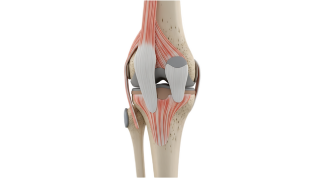 Anatomical illustration of a knee joint showing ligaments tendons and bones in a detailed view