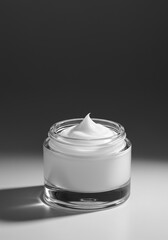 Luxurious white cream moisturizer in a minimalist glass jar, subtly reflecting soft light, suggesting hydration and skin wellness ,care ,natural ,personal care