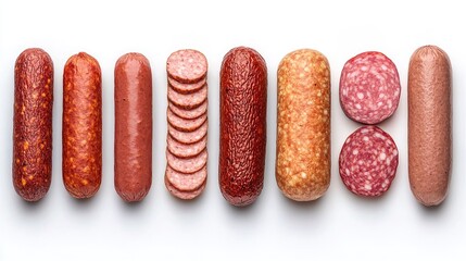 Sliced salami and assorted sausages artfully arranged against a pristine white backdrop showcasing their textures and colors