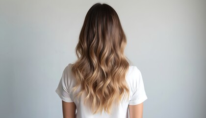 Fototapeta premium Woman shows off ombre balayage hairstyle. Long wavy brown and blonde hair with gradient coloring. Female back view, fashion style, beauty trend.