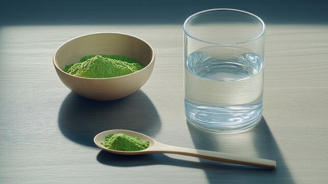 Captivating green matcha powder on a wooden spoon beside a glass of water and a bowl, illuminated by bright natural light