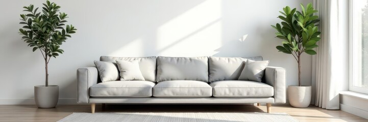 Clean white walls, simple grey sofa, natural light, livingroom, photography