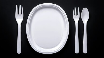 Elegant white plastic tableware arranged thoughtfully on a dark surface, perfect for picnics or formal gatherings any time of the year