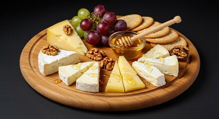 Luxurious wooden platter featuring assorted dairy cheeses, fresh grapes, crunchy walnuts, drizzled honey, and crisp crackers for a gourmet appetizer ,delicious ,arrangement ,nuts
