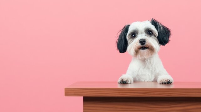 A charming white dog participates in an amusing interview setting at a vibrant pink backdrop, capturing playful and candid moments