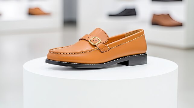 Elegant tawny leather loafers with golden buckles displayed in a luxury boutique on a crisp white stool against a blurred backdrop