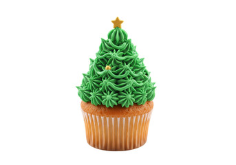 Festive Christmas Tree Cupcake with Green Icing and Gold Star on White Background