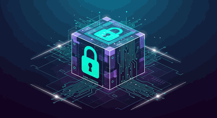 Secure data cube with padlock and circuit board illustration