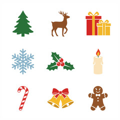 Festive Christmas icons bringing holiday cheer, reindeer, gifts, snowflake, holly, candle, candy cane, bells, and gingerbread man to create a joyful and celebratory atmosphere for your seasonal design