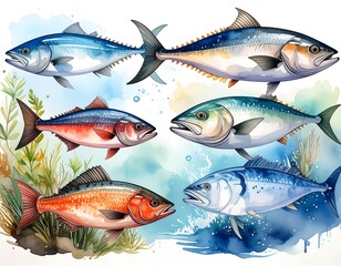Colorful aquatic creatures in watercolor style, showcasing variations and textures. Vibrant marine life against abstract backgrounds