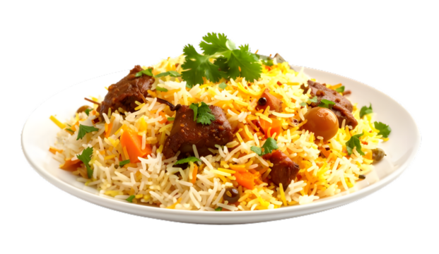 High-Resolution PNG of Authentic Indian/South Asian Mutton/Beef Biryani with Long Grain Basmati Rice, Meat Chunks, and Garnish on a White Plate - Transparent Background (Cutout)