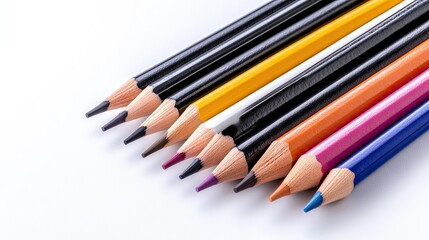 Naklejka premium Colorful crayons arranged in a vibrant circle on a pristine white surface showcasing their sharpened tips for artistic creativity