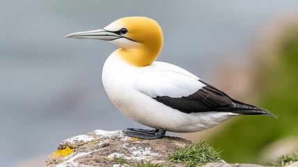 Obraz premium A close-up encounter with a striking seabird perched on a rock in bright daylight showcasing intricate feather textures by the shoreline