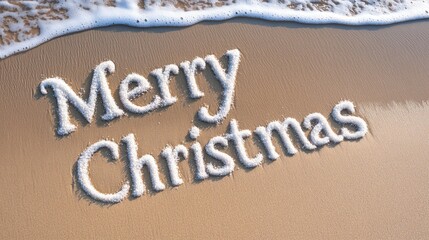 Merry Christmas written beautifully in sand on an exotic beach with sea waves gently lapping at its edges