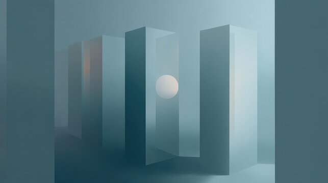 Abstract geometric scene with translucent columns and glowing sphere in a misty atmosphere, exploring depth, space, and light dynamics in modern design